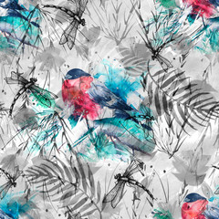  Seamless watercolor pattern with a picture of a bird, bullfinch. A bird on a spruce branch. background with, flowers, paint splash. Watercolor picture of dragonfly, flower branch,poppy. 