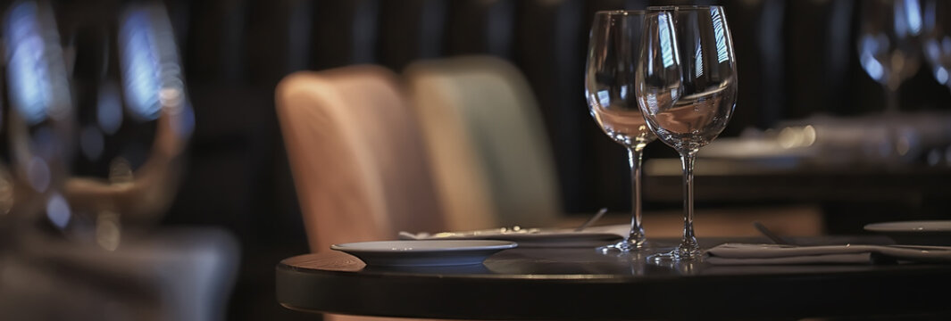 panorama restaurant setting / long narrow background interior cafe cutlery