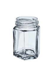 open empty glass jar of unusual shape isolated on white background