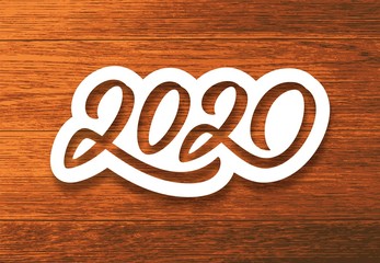 Happy New Year 2020. Paper 3D calligraphic number on vintage wood background. Vector greeting card design template for winter holidays
