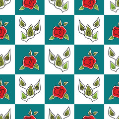 Vector Red Roses with Green Leaves on Green and White Squares Seamless Repeat Pattern. Background for textiles, cards, manufacturing, wallpapers, print, gift wrap and scrapbooking.