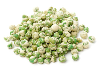 Crispy green peas on white background