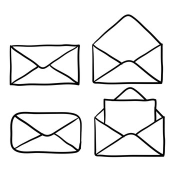 Mail Icons Collection, Open And Closed Envelopes, E-mail Symbol. Hand Drawn Doodle Style Cartoon Style