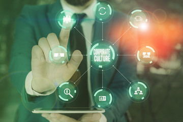 Word writing text Corporate Culture. Business photo showcasing pervasive values and attitudes that...