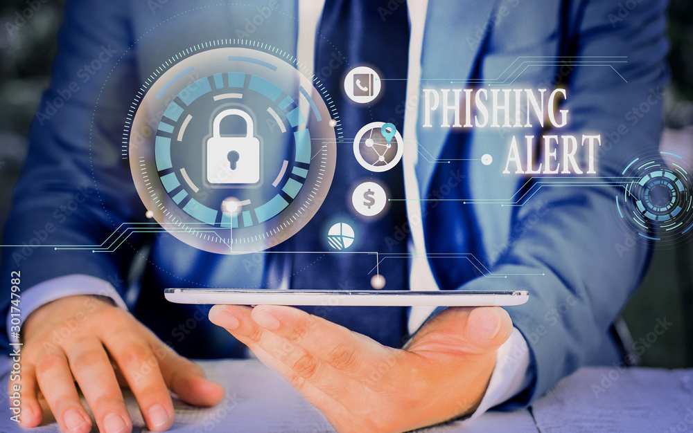 Poster writing note showing phishing alert. business concept for aware to fraudulent attempt to obtain sens