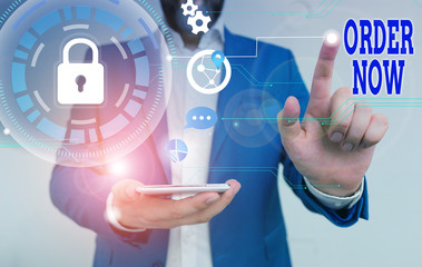 Conceptual hand writing showing Order Now. Concept meaning the activity of asking for goods or services from a company Male human wear formal suit presenting using smart device