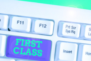 Text sign showing First Class. Business photo showcasing the most expensive and most luxurious class of accommodation