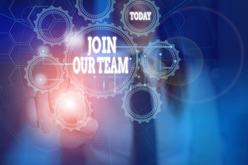 Obraz premium Handwriting text writing Join Our Team. Conceptual photo inviting someone to join in your local group or company Picture photo system network scheme modern technology smart device