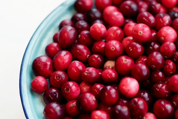 lot of fresh cranberries in a bowl close up