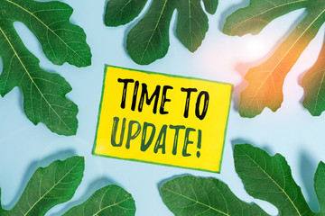 Handwriting text Time To Update. Conceptual photo act updating something someone or updated version program Leaves surrounding notepaper above an empty soft pastel table as background