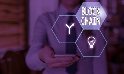 Word writing text Block Chain. Business photo showcasing system in which a record of transactions made in bitcoin