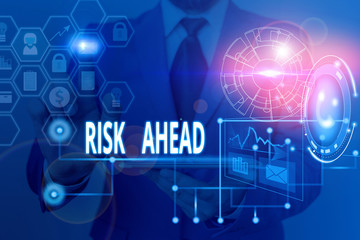 Writing note showing Risk Ahead. Business concept for A probability or threat of damage, injury, liability, loss Picture photo network scheme with modern smart device