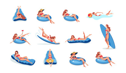 Young woman swimming set. Lady swimming on inflatable ring, air mattress boat. Floating woman reading a book, taking a selfie, listening to music, learning to surf, working freelancer cartoon vector