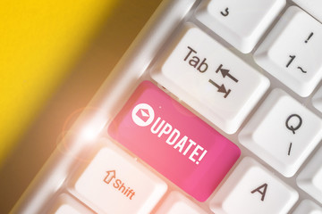 Text sign showing UPDATE. Business photo showcasing make something more modern or up to date like software program White pc keyboard with empty note paper above white background key copy space