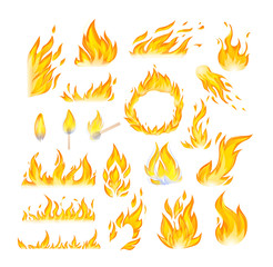 Realistic fire flames set. Flames red and orange hot flaming heat explosion cartoon, hot flame energy, fire animation vector illustration