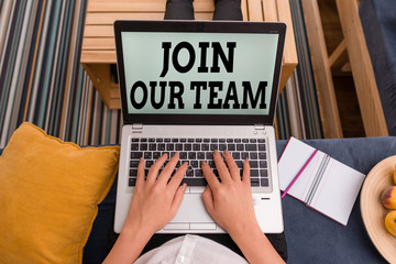 Conceptual hand writing showing Join Our Team. Concept meaning inviting someone to join in your...