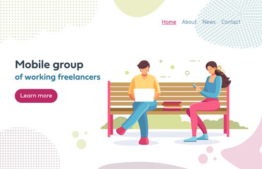 Freelance mobile group. Young adult woman and man working together sitting the city park. Freelancer female character working with smartphone, man with laptop outdoors cartoon vector illustration