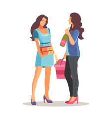 Two woman girlfriends together shopping in supermarket