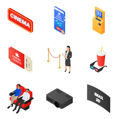 Set of icons on the theme of cinema. Booking, buying and checking tickets. Food and interior elements in the cinema.
