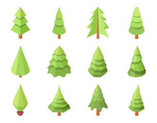 Set of isolated polygonal conifers on white background.