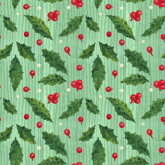 Christmas Holly watercolor seamless green pattern with leaves and berries