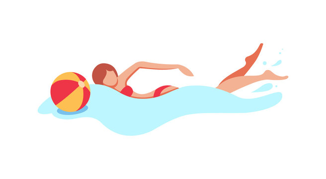 Young woman swims in the pool. Rest, resting, relaxing cartoon vector illustration. Swimming in the pool, summer trip, water treatments concept cartoon vector illustration