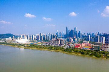Aerial view of  Nanning city GuangXi province,china .Panoramic skyline and buildings beside Yongjiang river.