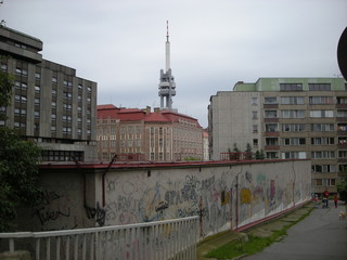 popular neighborhood with concrete buildings, a wall and an antenna tower, Prague, Czech Republic