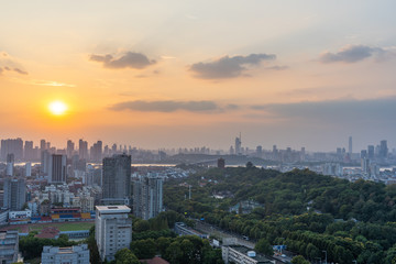 Aerial view of  Wuhan city .Panoramic skyline and buildings beside yangtze river.