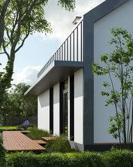 Modern residential home for family, home on nature, sunny day, architecture, 3D render 