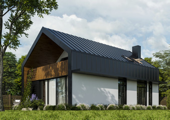 Modern residential home for family, home on nature, sunny day, architecture, 3D render 