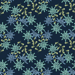 Vector Blue Green Floral Bouquet with Leaves on a Dark Blue Background. Background for textiles, cards, manufacturing, wallpapers, print, gift wrap and scrapbooking.