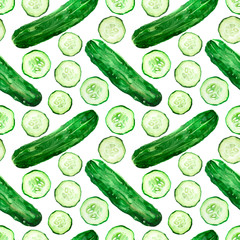 Watercolor illustration of green cucumber vegetable pattern with slices