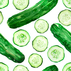 Watercolor illustration of green cucumber vegetable pattern with slices isolated on white background - 301753504