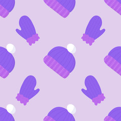 Cartoon pattern with wool winter violet hat on soft lilac backdrop for wallpaper design, wrapping paper, fabric, textile. Seamless vector background.