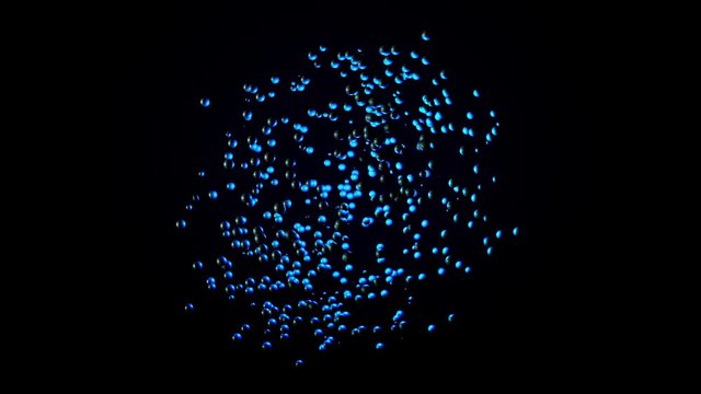 Abstract blue atom cloud swaying on black background, seamless loop. Animation. Colorful small particles gather in a shape of circle, science concept.