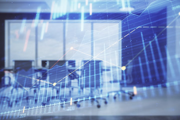 Double exposure of forex chart on conference room background. Concept of stock market analysis
