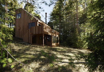 3d rendering ,log cabin in the woods 