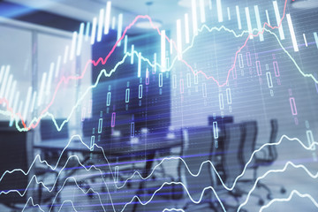 Double exposure of forex chart on conference room background. Concept of stock market analysis