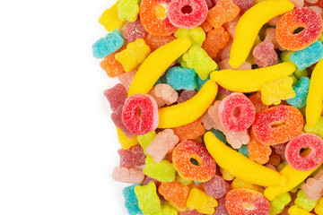Assorted gummy candies frame isolated. Top view. Jelly  sweets.