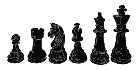 The silhouette of six chess pieces in black. Black chess pieces.
