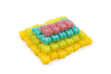 Pyramid of jelly sweats bears isolated on white background.