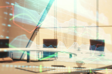 Double exposure of forex chart on conference room background. Concept of stock market analysis