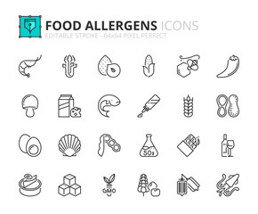 Simple set of outline icons about food allergens. Food and drink.
