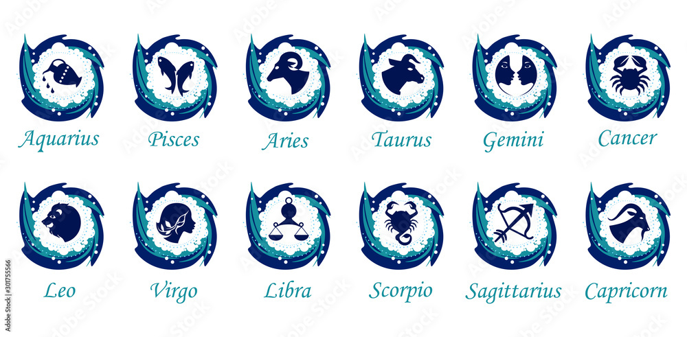 Wall mural set of twelve signs of the zodiac on the background of a snow circles. prediction of the future. vec