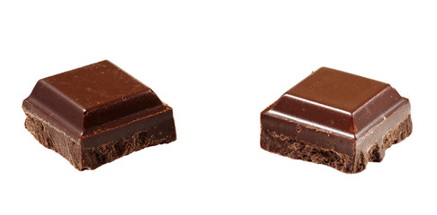 Two dark chocolate pieces isolated on white with clipping path