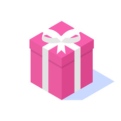 Pink gift box with white ribbon on white background.