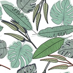 Outline leaves seamless pattern. Leaf endless wallpaper.