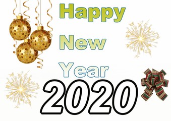 Happy new year lettering 2020 On white background with New Year's toys and fireworks