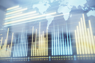 Double exposure of stock market graph with globe hologram on conference room background. Concept of international finance